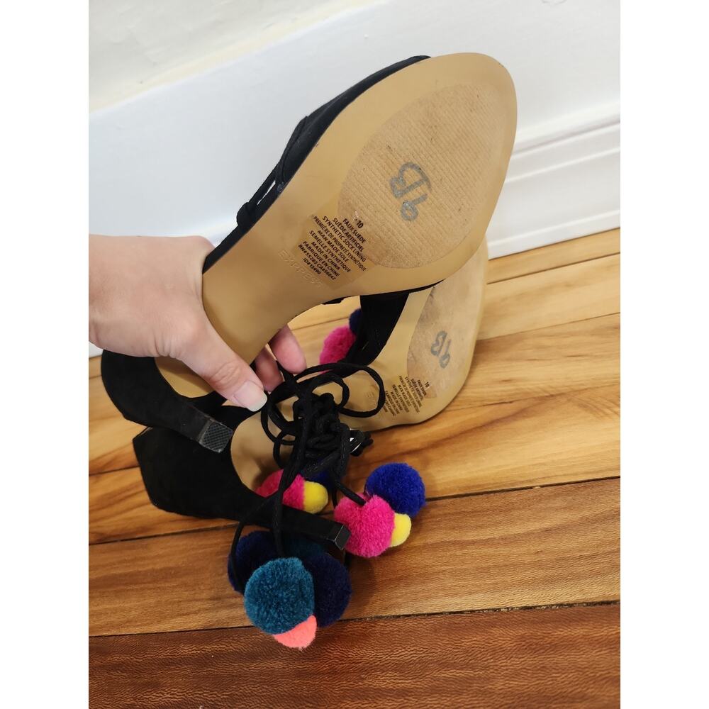 Express Stiletto Heel Strappy Peep Toe Black Colorful Pom Poms Sexy Sandals 10 - Picture 5 of 5